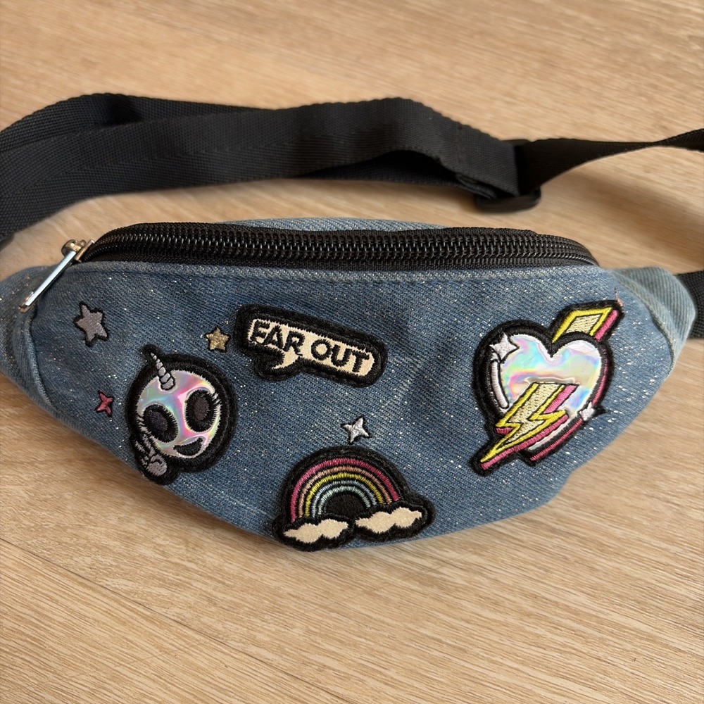 Y2K Denim Fanny Pack Alien Rainbow Waist Bag Festival Kawaii Belt Bag Patches - Picture 2 of 12